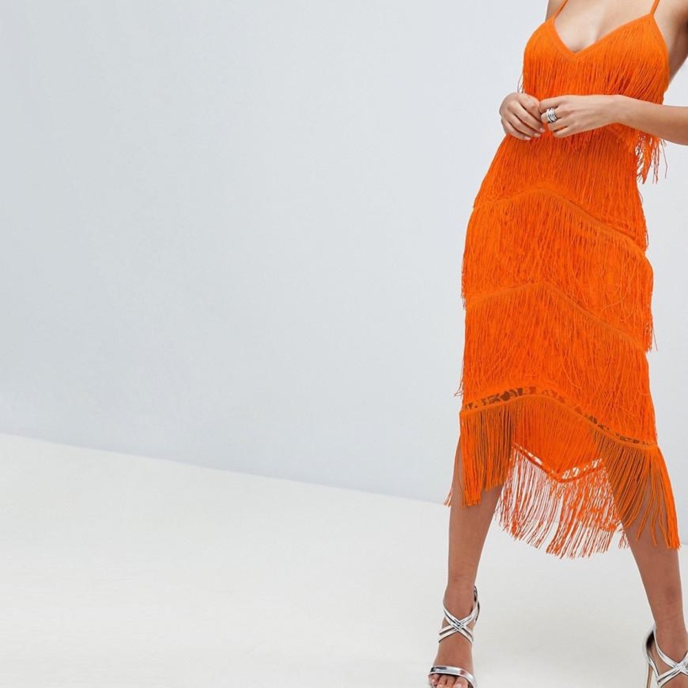 Asos design fringe dress plunge bodycon size 8